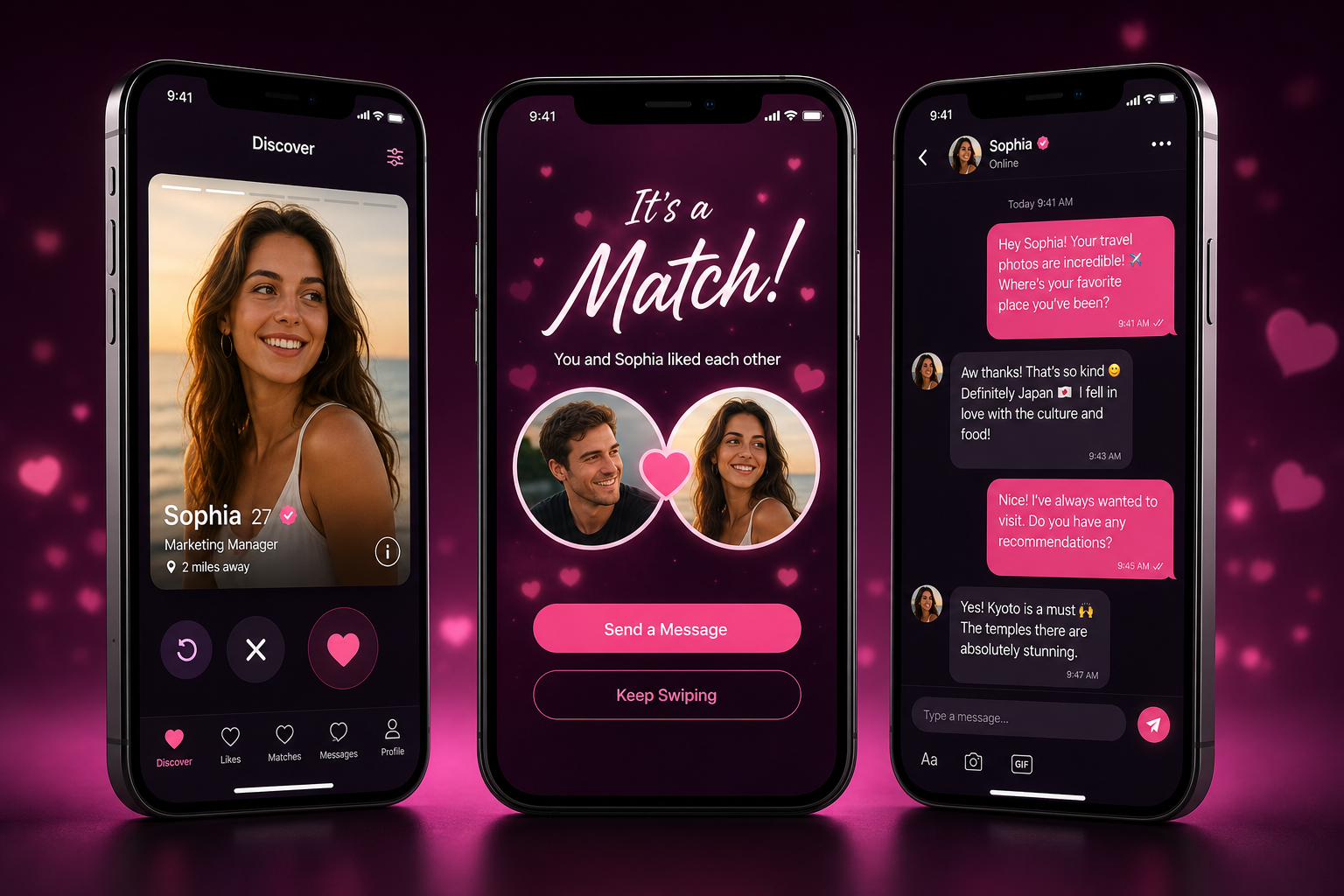 SparkMeet app screens — Discover, Match, Chat